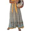 imageFlygo Womens Vintage Floral Print High Elastic Waist Pleated Maxi Long Boho SkirtApricot