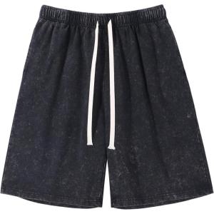 imageFlygo Mens Sweat Shorts Athletic Acid Washed Cotton Gym Short Elastic Waist Drawstring Workout Jogger Pants with PocketsBlack