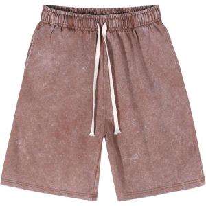 imageFlygo Mens Sweat Shorts Athletic Acid Washed Cotton Gym Short Elastic Waist Drawstring Workout Jogger Pants with PocketsKhaki