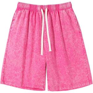 imageFlygo Mens Sweat Shorts Athletic Acid Washed Cotton Gym Short Elastic Waist Drawstring Workout Jogger Pants with PocketsPink