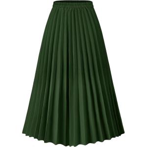 imageFlygo Pleated Skirts for Women Elastic High Waist ALine Midi Skirt Casual Flowy Swing Pleated SkirtGreen