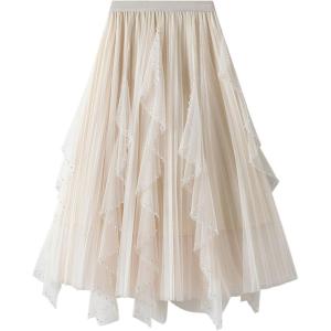 imageFlygo Womens A Line Ruffle Tulle Midi Skirt Embroidered Pearls Beading Fairy High Waisted Long Mesh Tutu SkirtsApricot