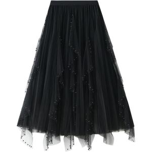 imageFlygo Womens A Line Ruffle Tulle Midi Skirt Embroidered Pearls Beading Fairy High Waisted Long Mesh Tutu SkirtsBlack