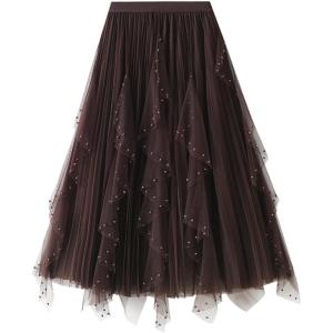 imageFlygo Womens A Line Ruffle Tulle Midi Skirt Embroidered Pearls Beading Fairy High Waisted Long Mesh Tutu SkirtsCoffee