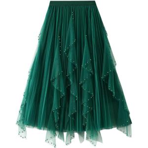 imageFlygo Womens A Line Ruffle Tulle Midi Skirt Embroidered Pearls Beading Fairy High Waisted Long Mesh Tutu SkirtsGreen