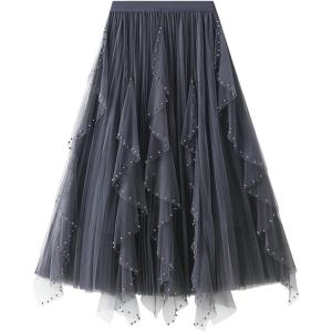 imageFlygo Womens A Line Ruffle Tulle Midi Skirt Embroidered Pearls Beading Fairy High Waisted Long Mesh Tutu SkirtsGrey