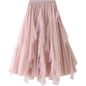 imageFlygo Womens A Line Ruffle Tulle Midi Skirt Embroidered Pearls Beading Fairy High Waisted Long Mesh Tutu SkirtsPink