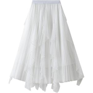 imageFlygo Womens A Line Ruffle Tulle Midi Skirt Embroidered Pearls Beading Fairy High Waisted Long Mesh Tutu SkirtsWhite