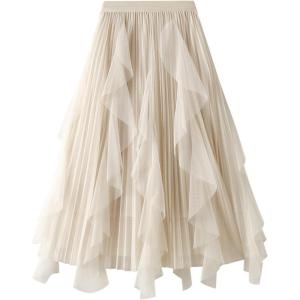 imageFlygo Womens A Line Ruffle Tulle Midi Skirt High Waisted Fairy Long Mesh Tutu SkirtsApricot