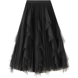 imageFlygo Womens A Line Ruffle Tulle Midi Skirt High Waisted Fairy Long Mesh Tutu SkirtsBlack