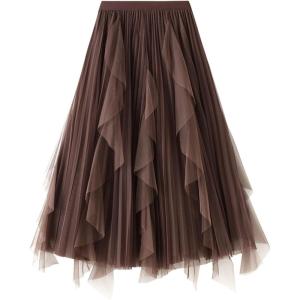imageFlygo Womens A Line Ruffle Tulle Midi Skirt High Waisted Fairy Long Mesh Tutu SkirtsCoffee
