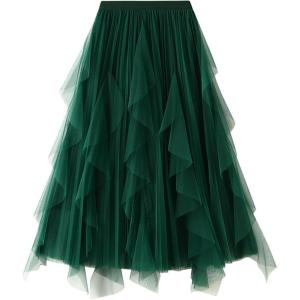 imageFlygo Womens A Line Ruffle Tulle Midi Skirt High Waisted Fairy Long Mesh Tutu SkirtsGreen