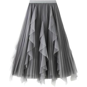imageFlygo Womens A Line Ruffle Tulle Midi Skirt High Waisted Fairy Long Mesh Tutu SkirtsGrey