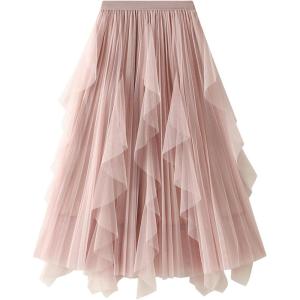 imageFlygo Womens A Line Ruffle Tulle Midi Skirt High Waisted Fairy Long Mesh Tutu SkirtsPink