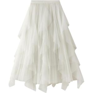 imageFlygo Womens A Line Ruffle Tulle Midi Skirt High Waisted Fairy Long Mesh Tutu SkirtsWhite