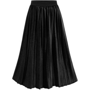 imageFlygo Womens ALine Elastic High Waisted Pleated Flared Vintage Midi Swing SkirtBlack