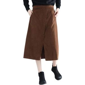 imageFlygo Womens Back Elastic Split A Line Loose Mid Long Corduroy SkirtKhaki