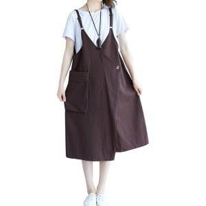 imageFlygo Womens Casual Adjustable Straps Loose Fit Mid Pinafore Skirt Suspender Dress Medium Coffee