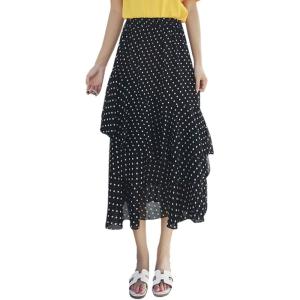 imageFlygo Womens Casual High Waist Polka Dot Ruffles Layers Midi SkirtBlack