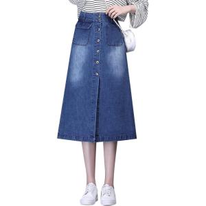 imageFlygo Womens Casual High Waisted Button Down ALine Midi Long Denim SkirtBlue