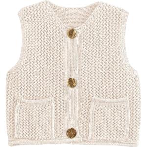 imageFlygo Womens Crochet Sweater Vest Sleeveless 2025 Trendy Spring Summer Tops Button Crop Chunky Knit Sweaters CardiganBeige