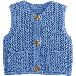 imageFlygo Womens Crochet Sweater Vest Sleeveless 2025 Trendy Spring Summer Tops Button Crop Chunky Knit Sweaters CardiganBlue