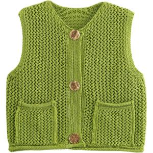 imageFlygo Womens Crochet Sweater Vest Sleeveless 2025 Trendy Spring Summer Tops Button Crop Chunky Knit Sweaters CardiganGreen
