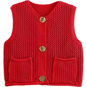imageFlygo Womens Crochet Sweater Vest Sleeveless 2025 Trendy Spring Summer Tops Button Crop Chunky Knit Sweaters CardiganRed