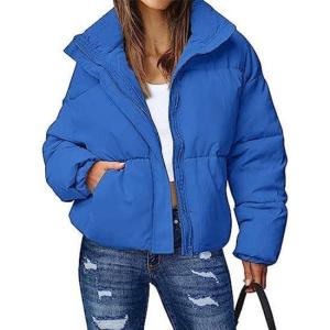imageFlygo Womens Cropped Puffer Jacket Zip Up Stand Collar Lightweight Quilted Padded Down Winter Warm Jackets Coats with PocketsBlue
