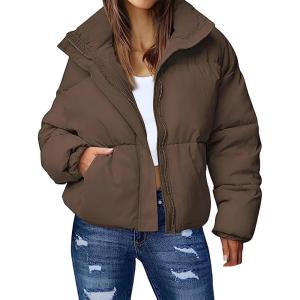 imageFlygo Womens Cropped Puffer Jacket Zip Up Stand Collar Lightweight Quilted Padded Down Winter Warm Jackets Coats with PocketsBrown