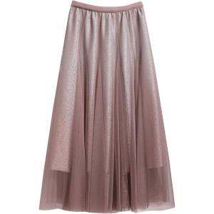 imageFlygo Womens Elastic Waist ALine Tulle Skirt Mesh Layers Gradient Color Shiny Pleated Swing SkirtsKhaki