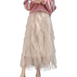 imageFlygo Womens Elastic Waist Ballet Layered Princess Mesh Tulle Long SkirtApricot