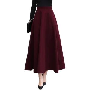 imageFlygo Womens Fall Winter ALine Flare Swing Pleated Long Maxi Wool Skater SkirtWine Red