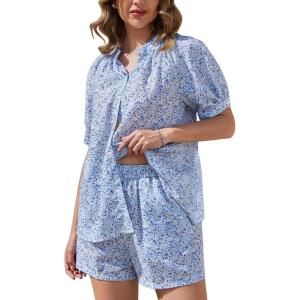 imageFlygo Womens Floral Pajamas Sets 2 Piece Lounge Set Button Down Tops and Soft Shorts Sleepwear with PocketsBlue