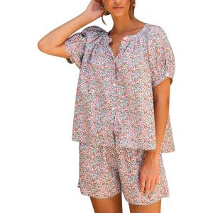 imageFlygo Womens Floral Pajamas Sets 2 Piece Lounge Set Button Down Tops and Soft Shorts Sleepwear with PocketsRed