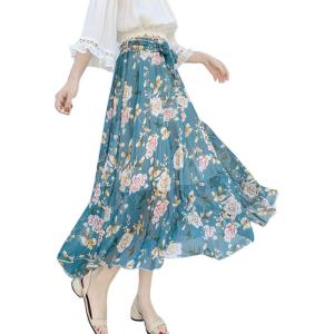 imageFlygo Womens High Waist Pleated Chiffon Boho Floral Flowy Midi SkirtFlower 1