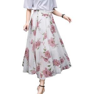 imageFlygo Womens High Waist Pleated Chiffon Boho Floral Flowy Midi SkirtFlower 2