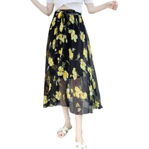 imageFlygo Womens High Waist Pleated Chiffon Boho Floral Flowy Midi SkirtFlower 3