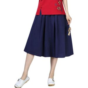 imageFlygo Womens High Waisted Back Elastic ALine Pleated Swing Midi Linen Skirt WPocketsNavy