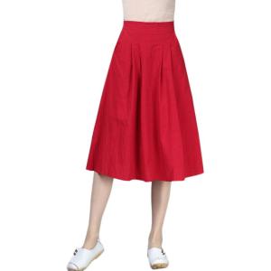 imageFlygo Womens High Waisted Back Elastic ALine Pleated Swing Midi Linen Skirt WPocketsRed