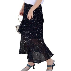 imageFlygo Womens High Waisted Ruffle A Line Polka Dot Chiffon Skirt Irregular HemNavy Blue