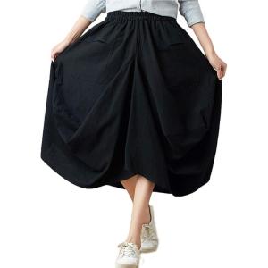 imageFlygo Womens Retro Elastic Waist Pleated Baggy Linen Midi Skirts with PocketsBlack