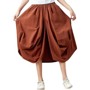 imageFlygo Womens Retro Elastic Waist Pleated Baggy Linen Midi Skirts with PocketsCaramel