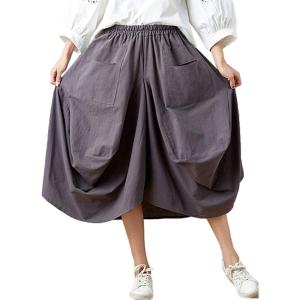 imageFlygo Womens Retro Elastic Waist Pleated Baggy Linen Midi Skirts with PocketsDark Grey