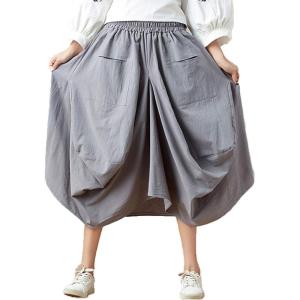 imageFlygo Womens Retro Elastic Waist Pleated Baggy Linen Midi Skirts with PocketsLight Grey