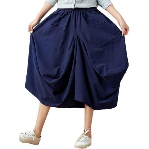 imageFlygo Womens Retro Elastic Waist Pleated Baggy Linen Midi Skirts with PocketsNavy