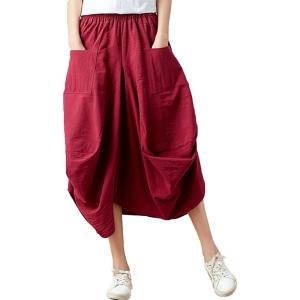 imageFlygo Womens Retro Elastic Waist Pleated Baggy Linen Midi Skirts with PocketsRed