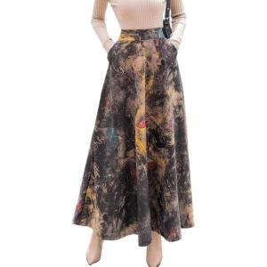 imageFlygo Womens Retro Ethic High Waisted ALine Pleated Maxi Long Wool Blend SkirtGrey