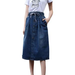 imageFlygo Womens Vintage Elastic Waisted A Line Midi Denim SkirtBlue