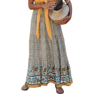 imageFlygo Womens Vintage Floral Print High Elastic Waist Pleated Maxi Long Boho SkirtApricot